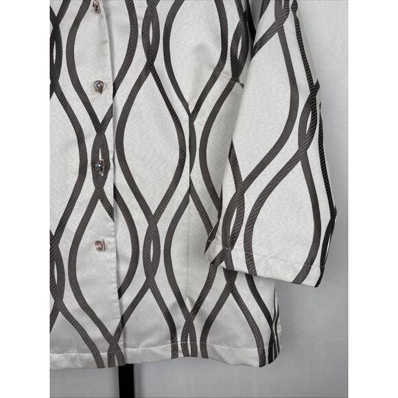 Connie Roberson Silk Geometric Print Blazer Jacket Medium White Jewel Buttons - Picture 3 of 13